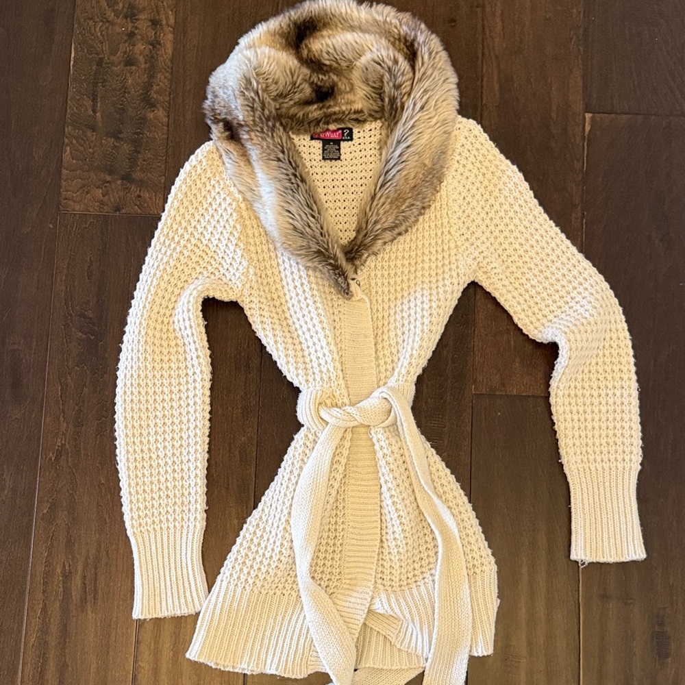 Y2K Say What? Cream Knit Wrap Cardigan with Faux Fur Collar